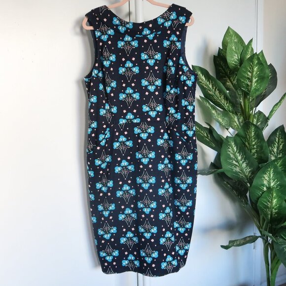 Boden Martha Navy & Blue Floral Sleeveless Roll Collar Sheath Pencil Dress 14 - Picture 6 of 11